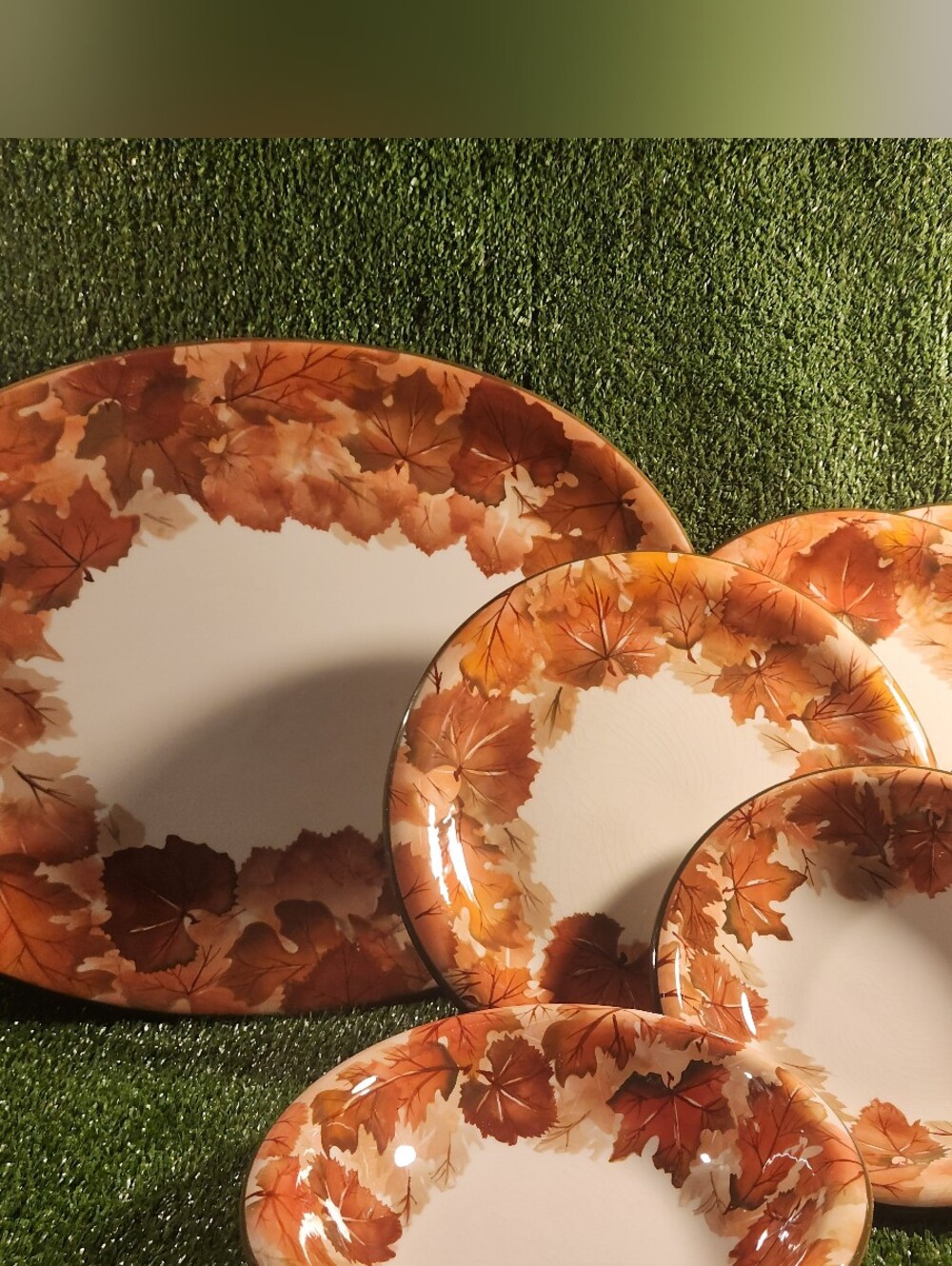 Nantucket Fall Leaf/Harvest Autumn 3 Dinner Plates/Bowls & Turkey Serving Plate